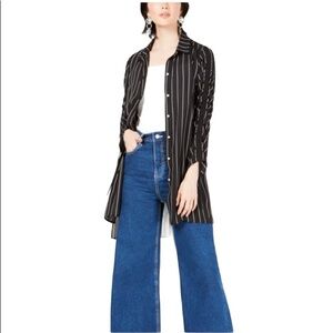 BAR III Button Front Shirt Tunic White Black Pinstripe Ruched Tie Long Sleeve S